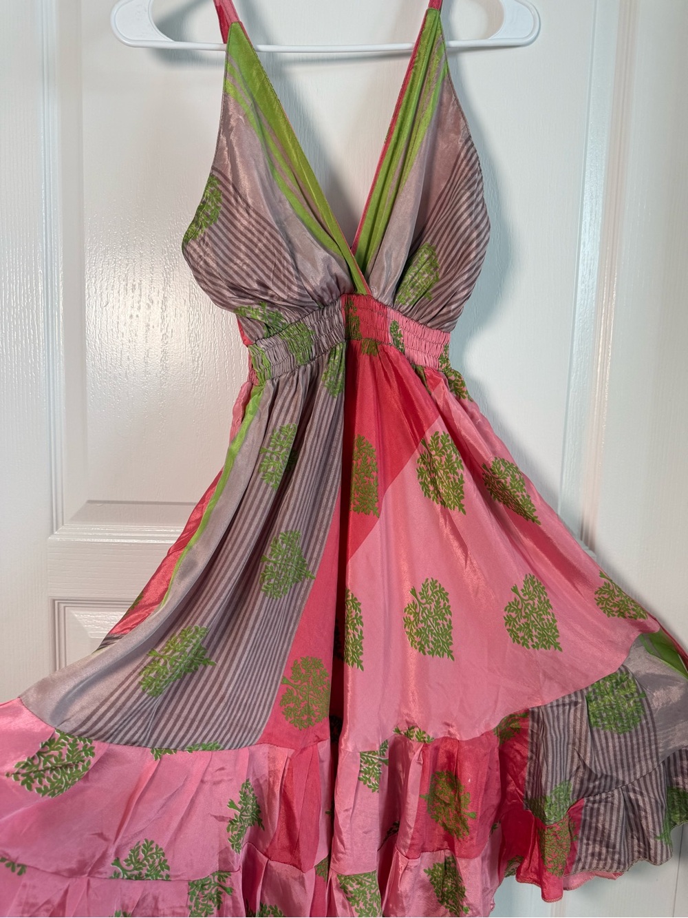 Pink and Green V-Neck  Dress with Smocked Waist